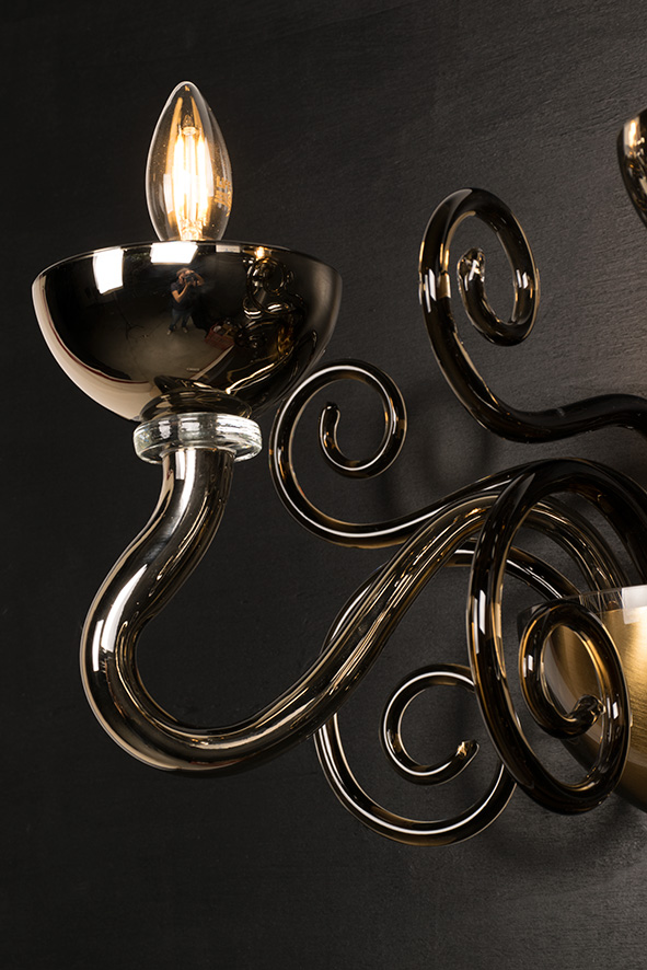 Applique Liberty Fumè classico, 2 luci in vetro di Murano soffiato a